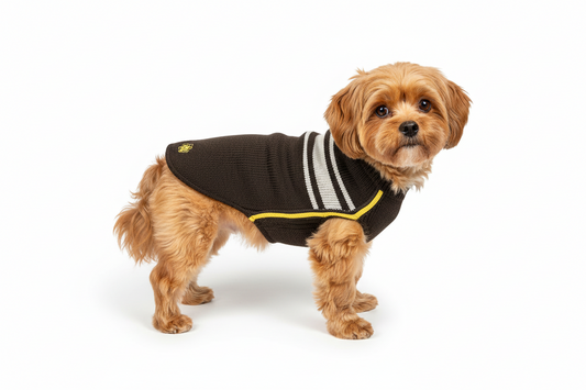 Black dog sweater with white and yellow stripes on a white background