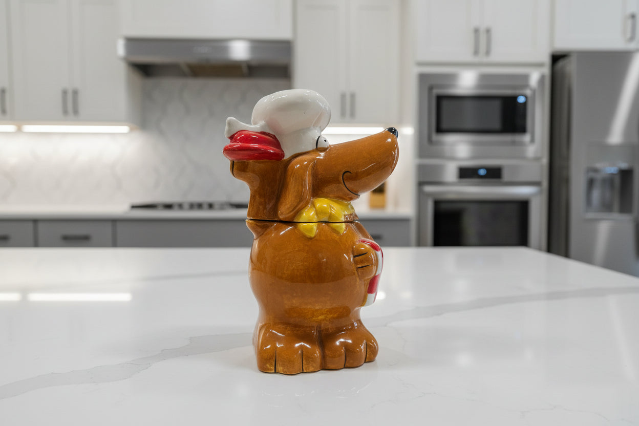 Ceramic dog figurine with a yellow ball on a white background
